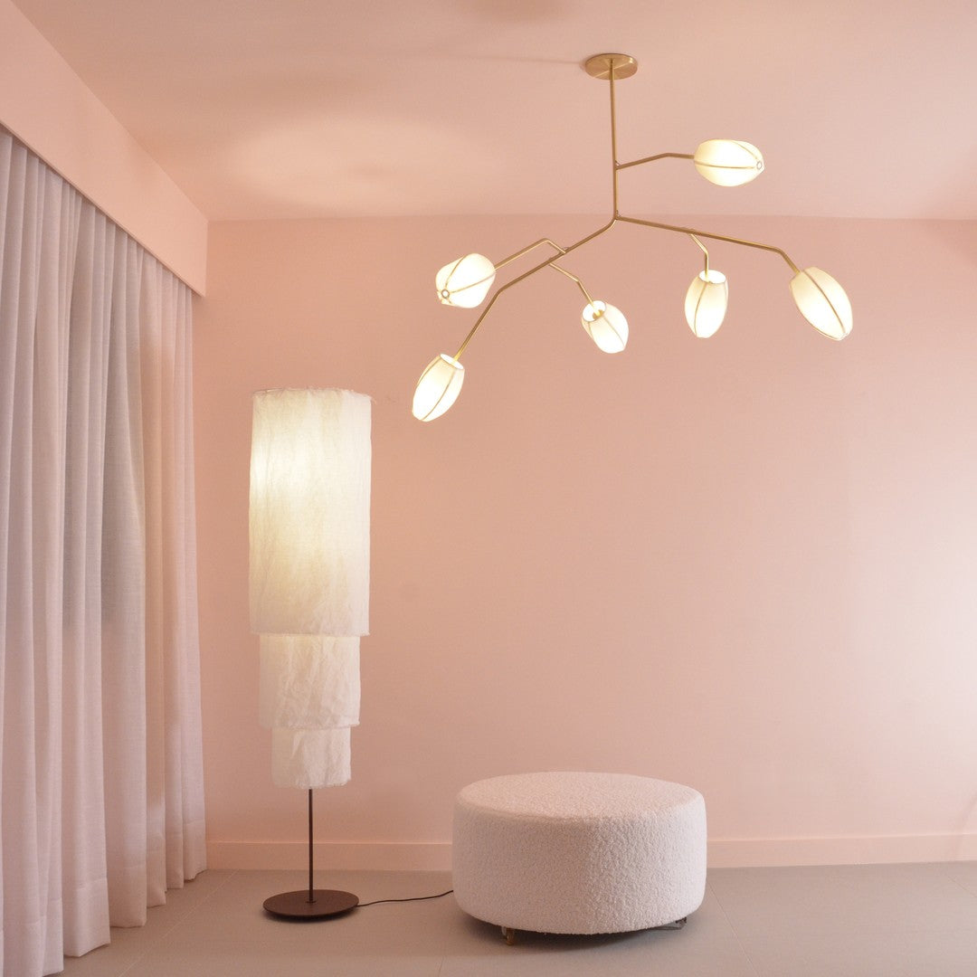 Sacura Chandelier - Cherry Blossom Inspired Brass & Fabric Pendant | Modern Organic 6-Light Centerpiece