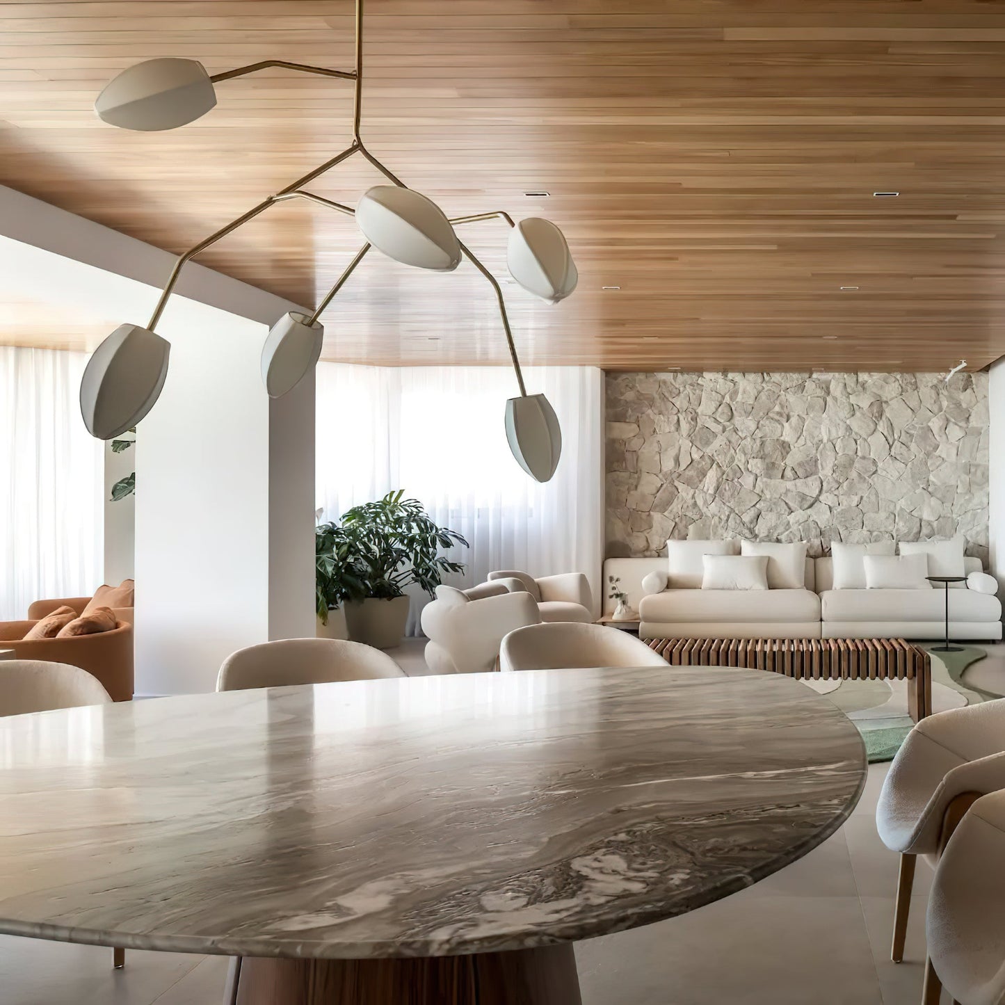 Sacura Chandelier - Cherry Blossom Inspired Brass & Fabric Pendant | Modern Organic 6-Light Centerpiece