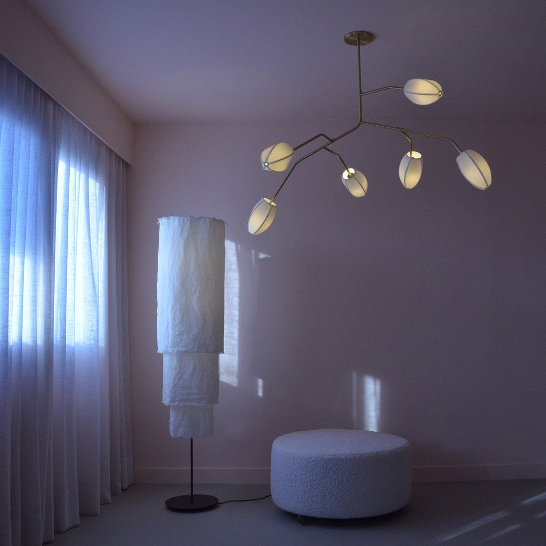 Sacura Chandelier - Cherry Blossom Inspired Brass & Fabric Pendant | Modern Organic 6-Light Centerpiece