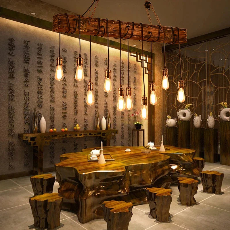 Wooden LED Chandelier - Solid Wood & Iron Industrial Rustic Dining Chandelier