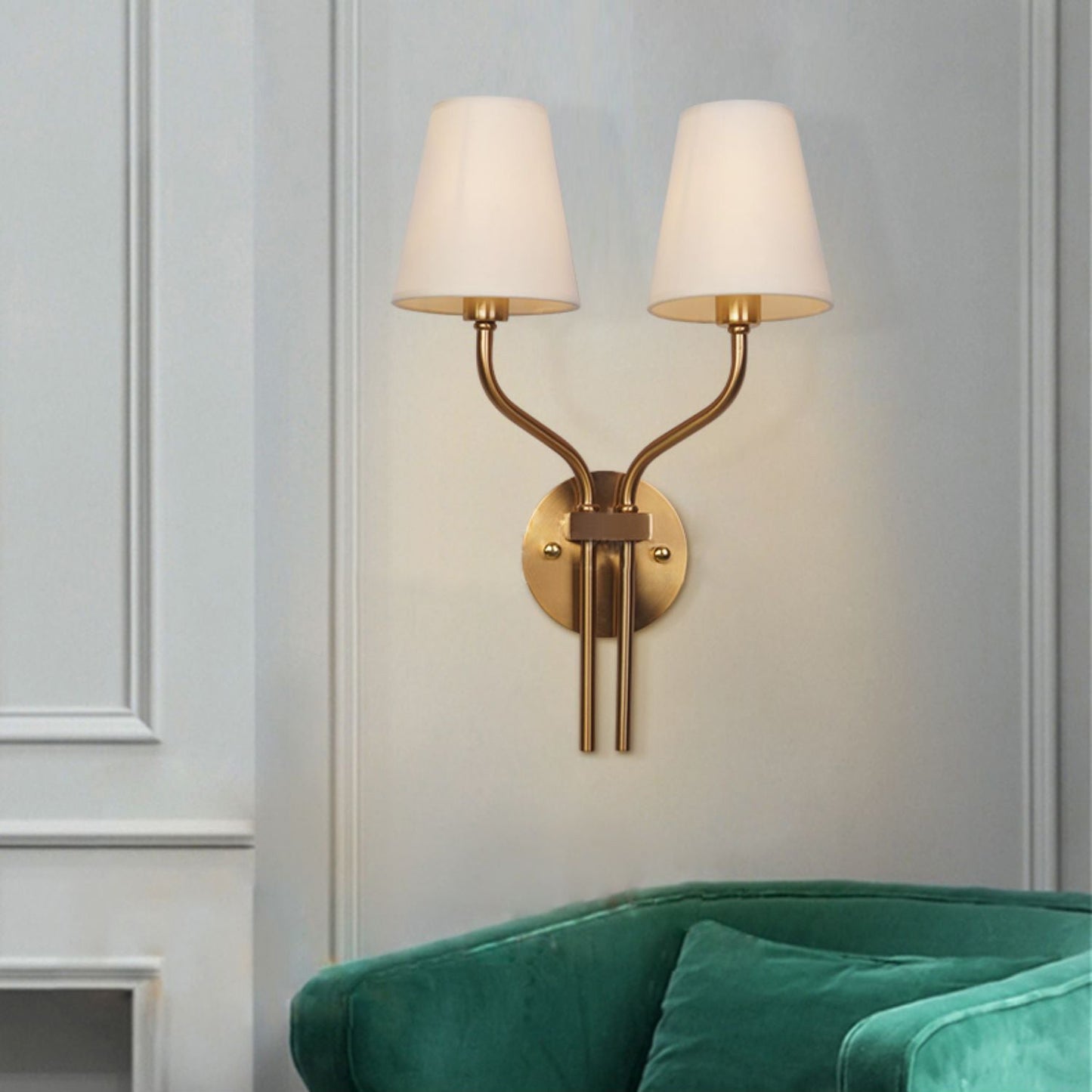 Safavieh Ezra Wall Lamp - Luxury Gold Two-Light Sconce with Fabric Shades | Hotel-Style Modern Wall Light