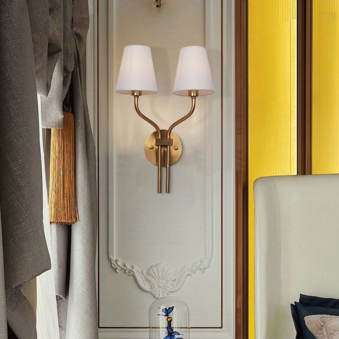 Safavieh Ezra Wall Lamp - Luxury Gold Two-Light Sconce with Fabric Shades | Hotel-Style Modern Wall Light