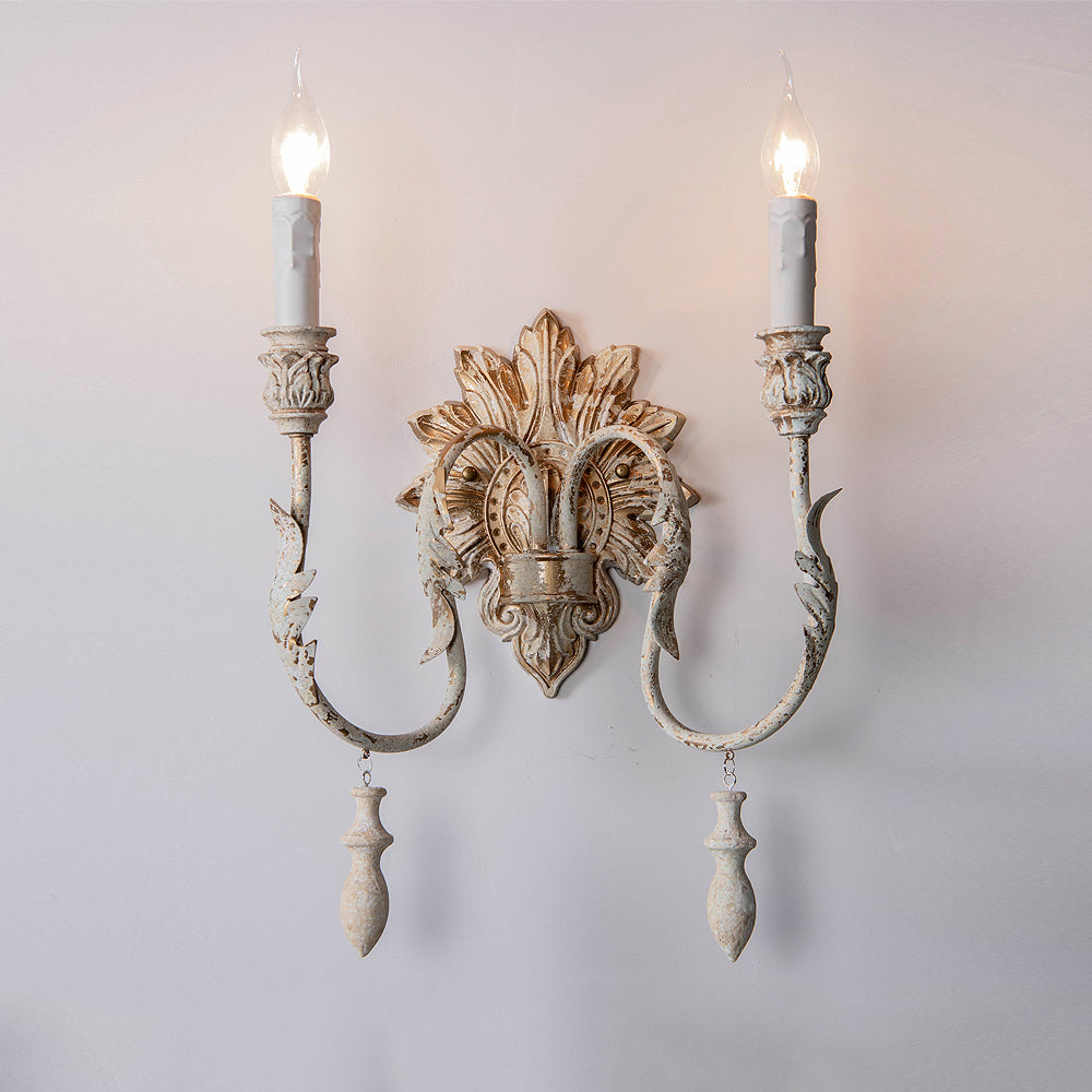 Salento Wall Lamp - Two-Light Distressed Old White Iron Sconce | Traditional Candlestick Wall Light