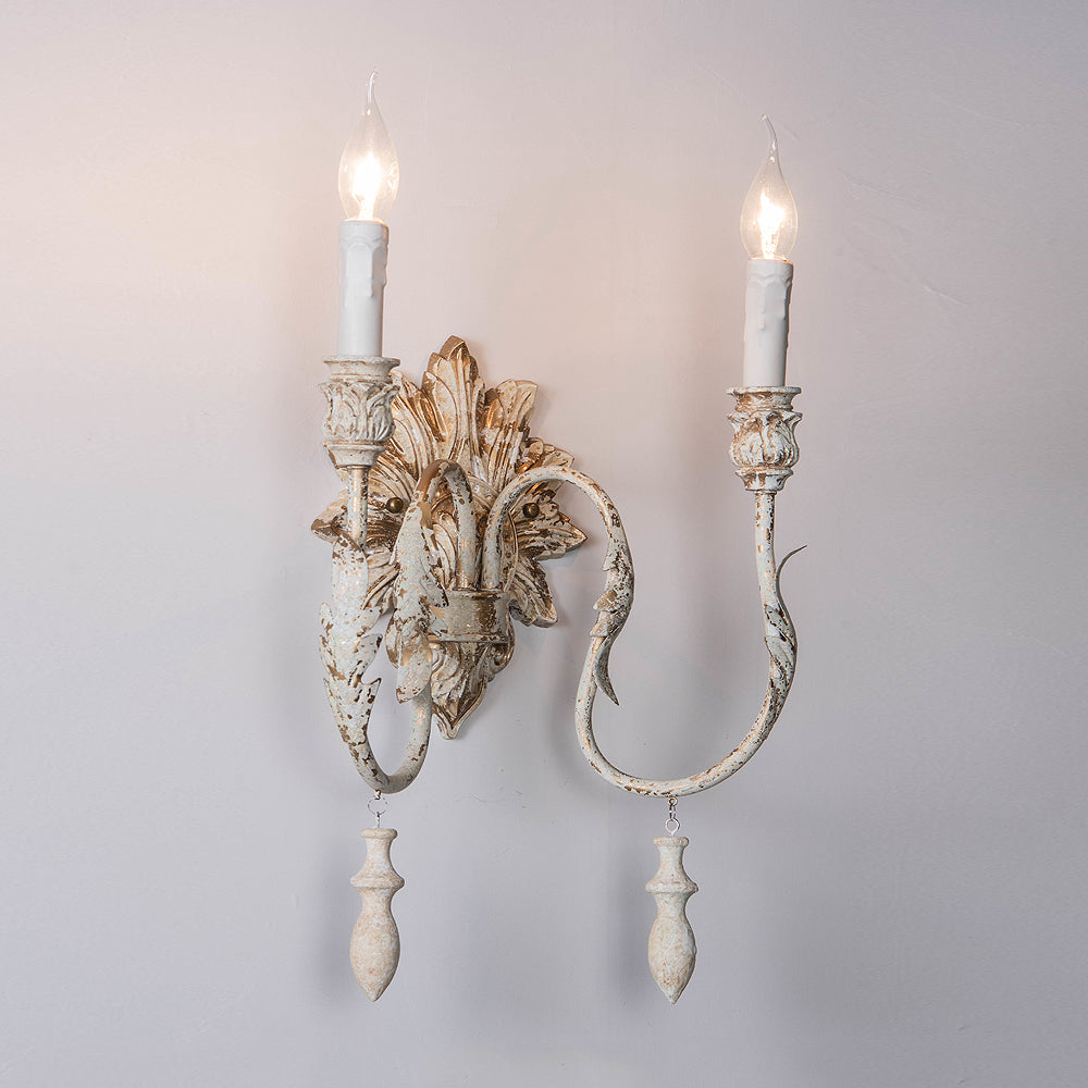 Salento Wall Lamp - Two-Light Distressed Old White Iron Sconce | Traditional Candlestick Wall Light