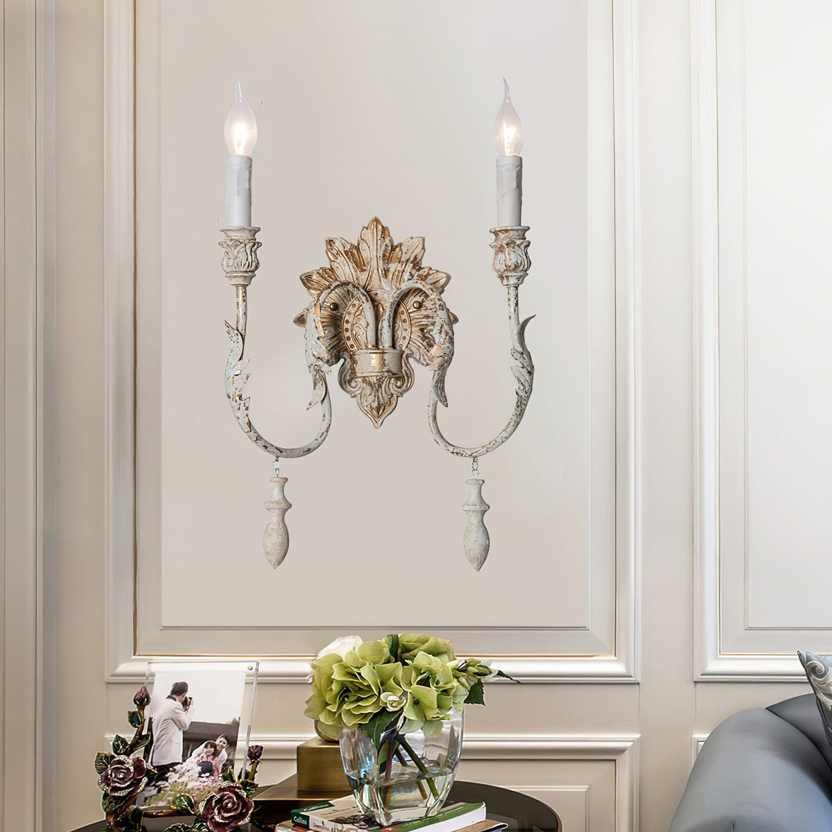 Salento Wall Lamp - Distressed White Metal Candelabra Sconce