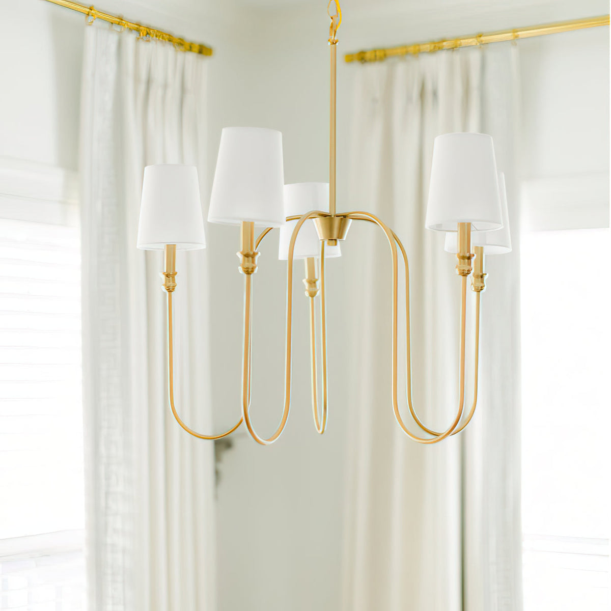 Sanibel Chandelier - Brass Tall Arm Pendant with White Fabric Shades