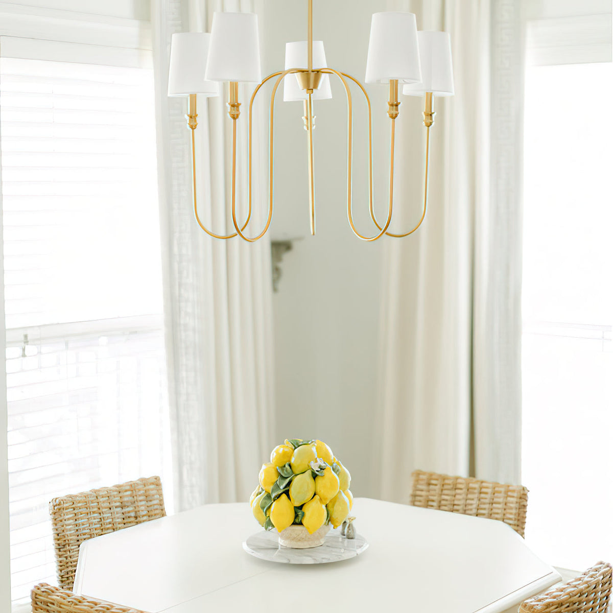 Sanibel Chandelier - Brass Tall Arm Pendant with White Fabric Shades