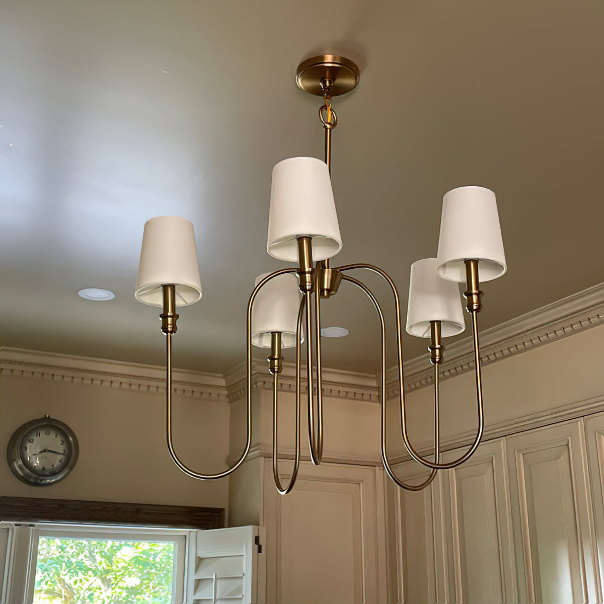 Sanibel Chandelier - Brass Tall Arm Pendant with White Fabric Shades