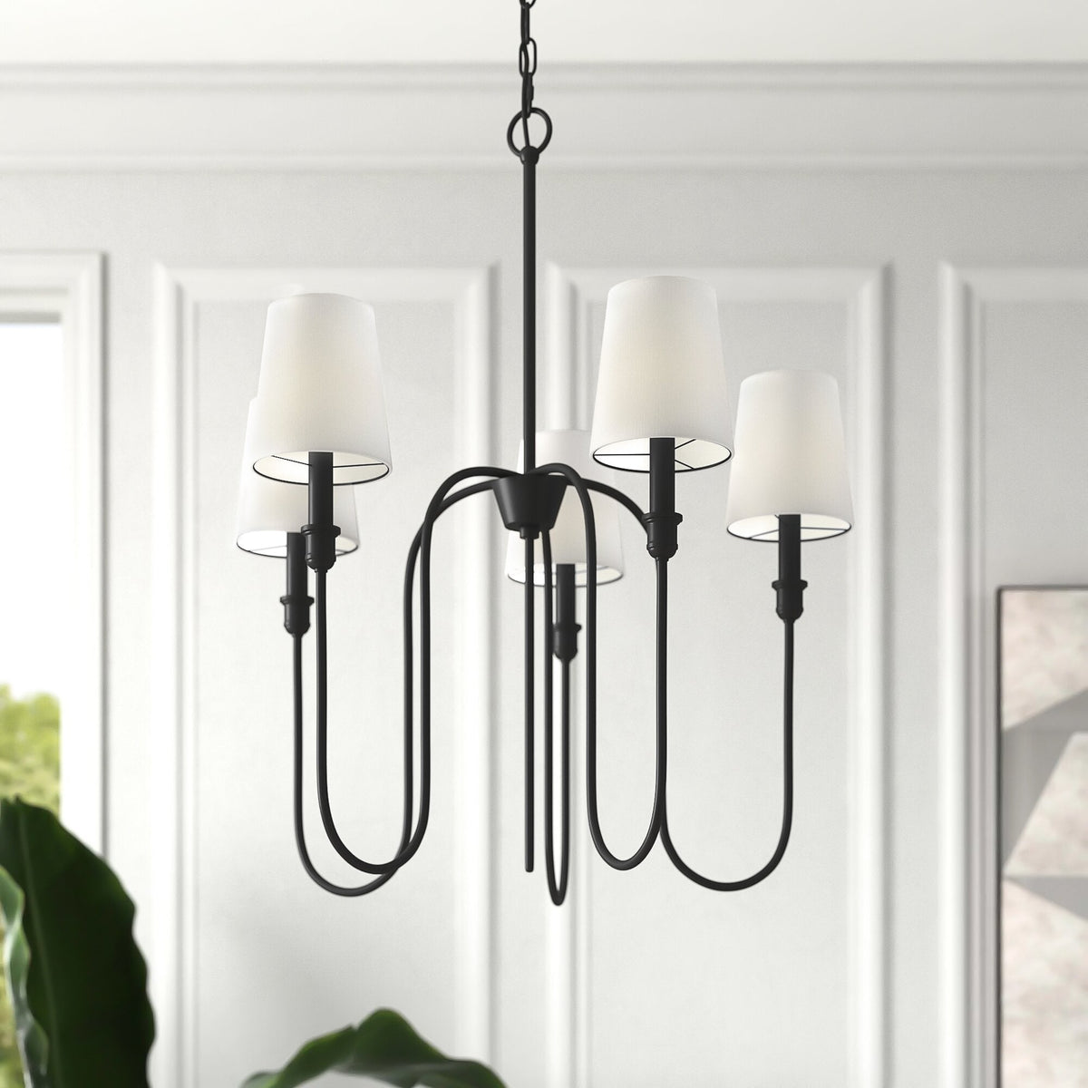 Sanibel Chandelier - Brass Tall Arm Pendant with White Fabric Shades