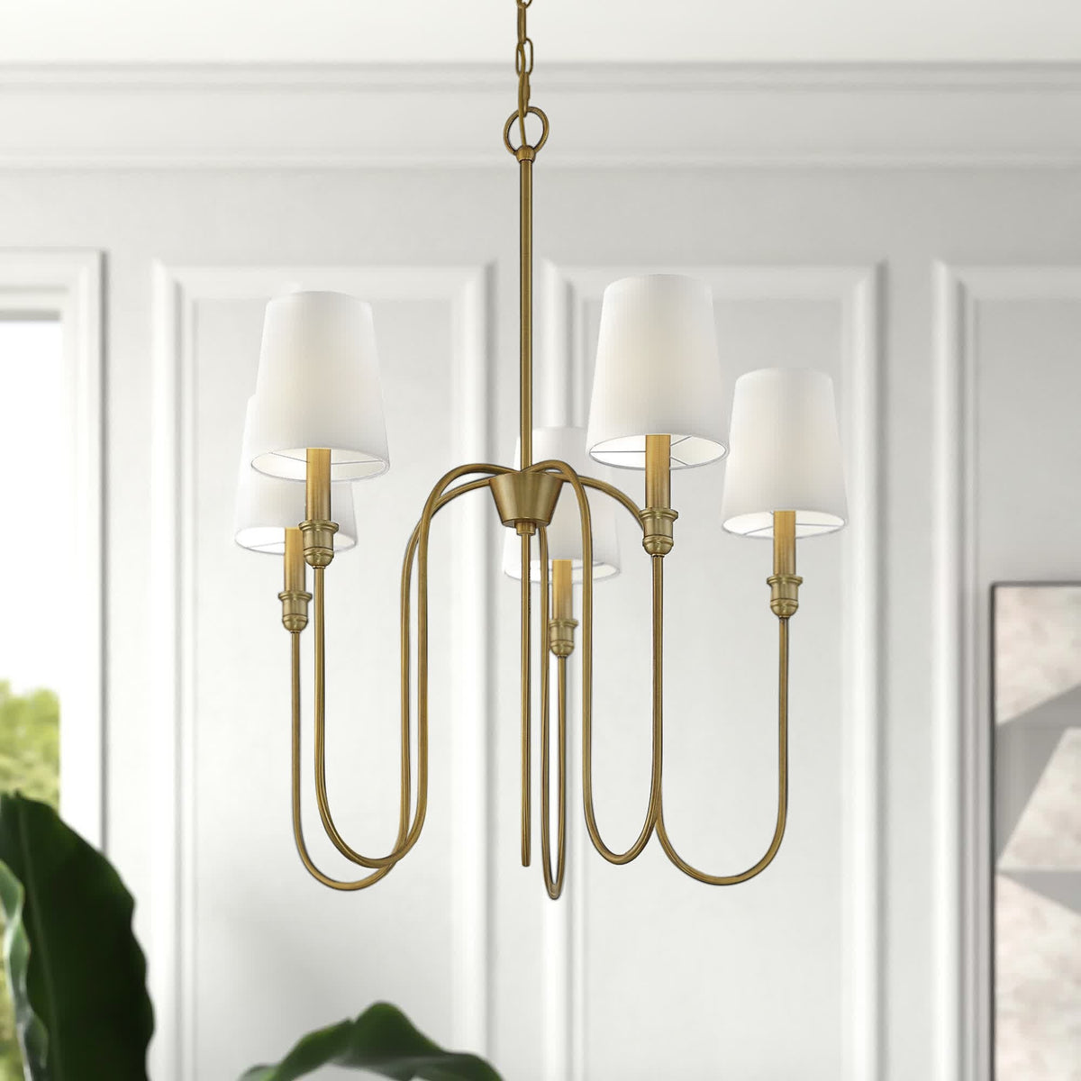 Sanibel Chandelier - Brass Tall Arm Pendant with White Fabric Shades