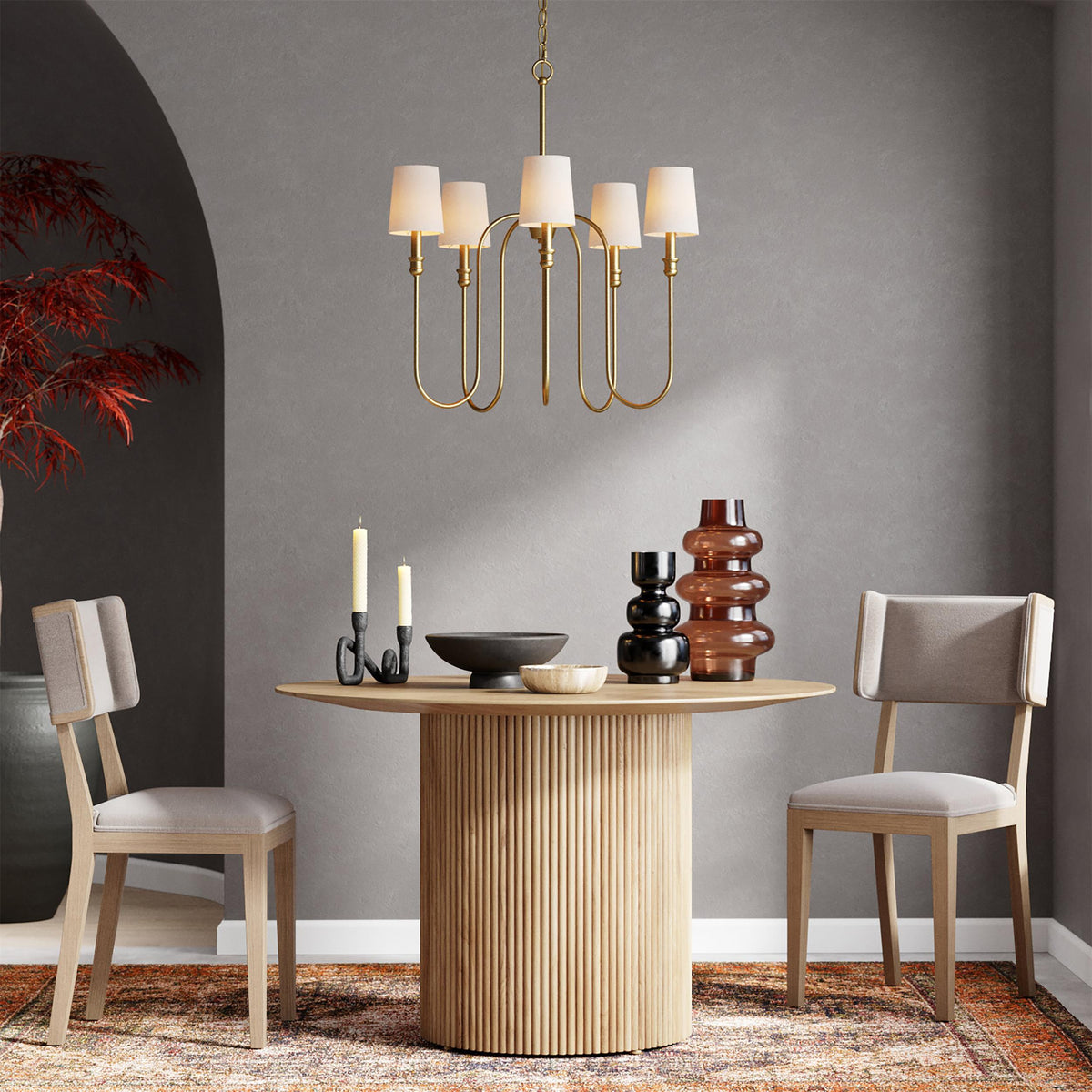 Sanibel Chandelier - Brass Tall Arm Pendant with White Fabric Shades