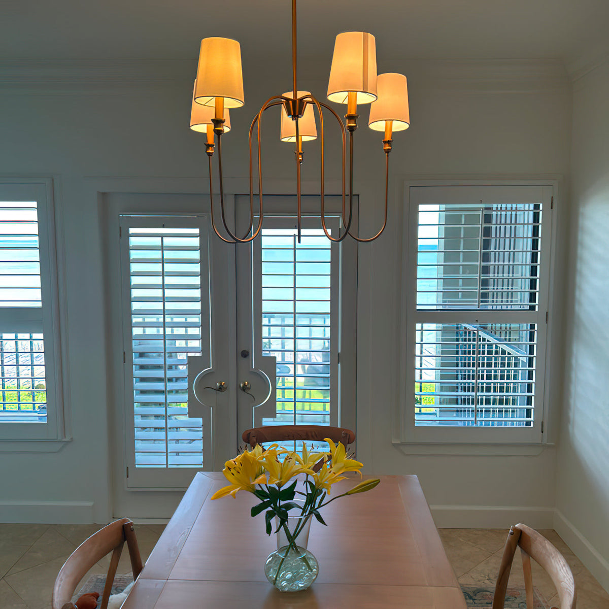 Sanibel Chandelier - Brass Tall Arm Pendant with White Fabric Shades