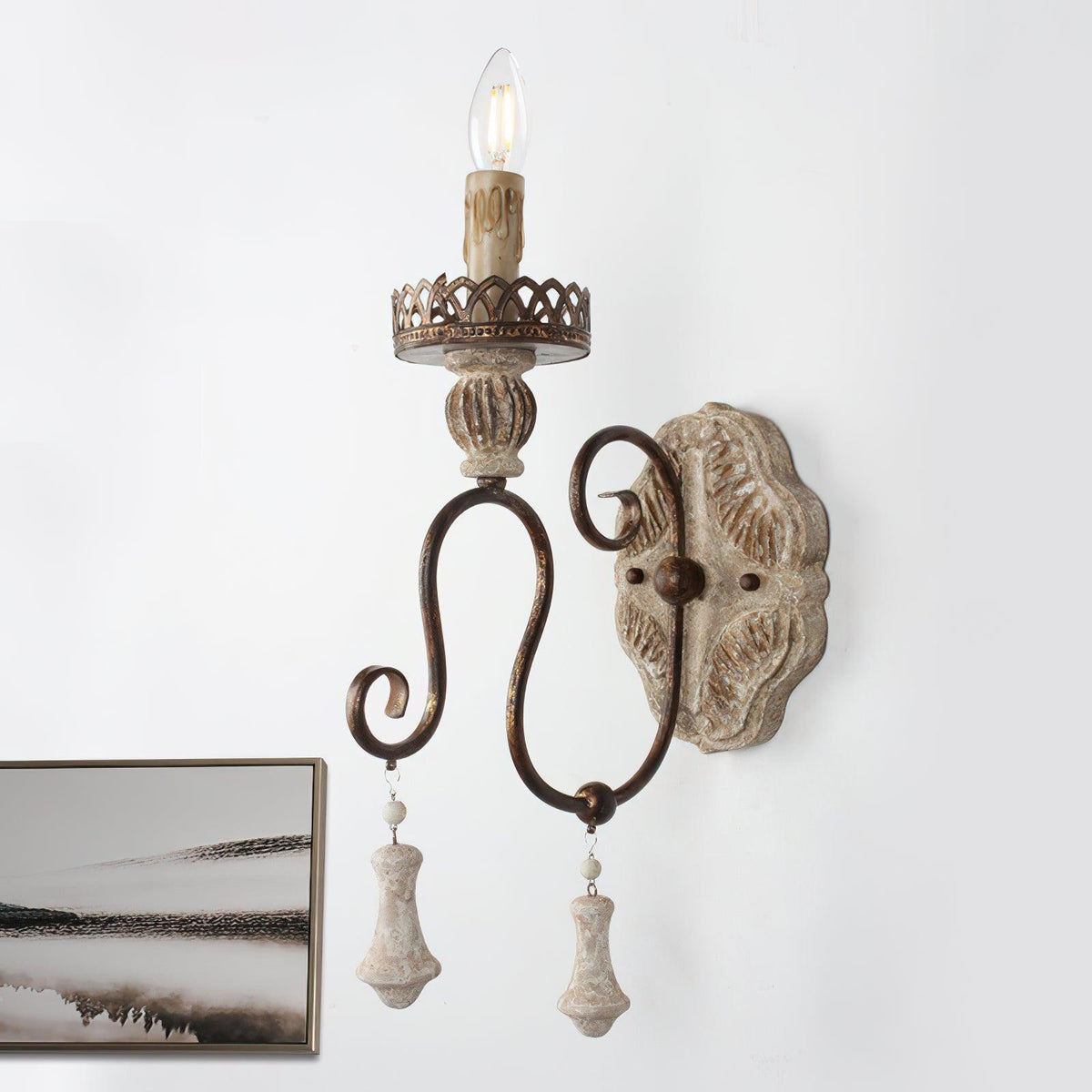 Santa Trinita Sconce - Rustic Carved Wood & Metal Wall Light
