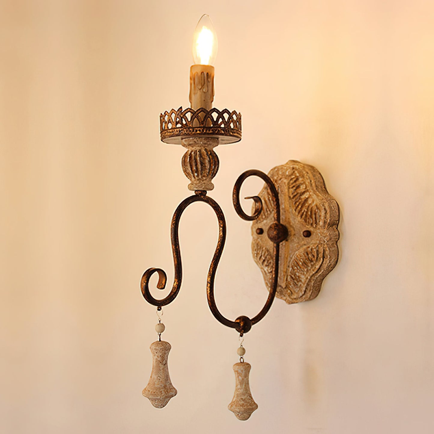 Santa Trinita Sconce - Rustic Carved Wood & Metal Wall Light