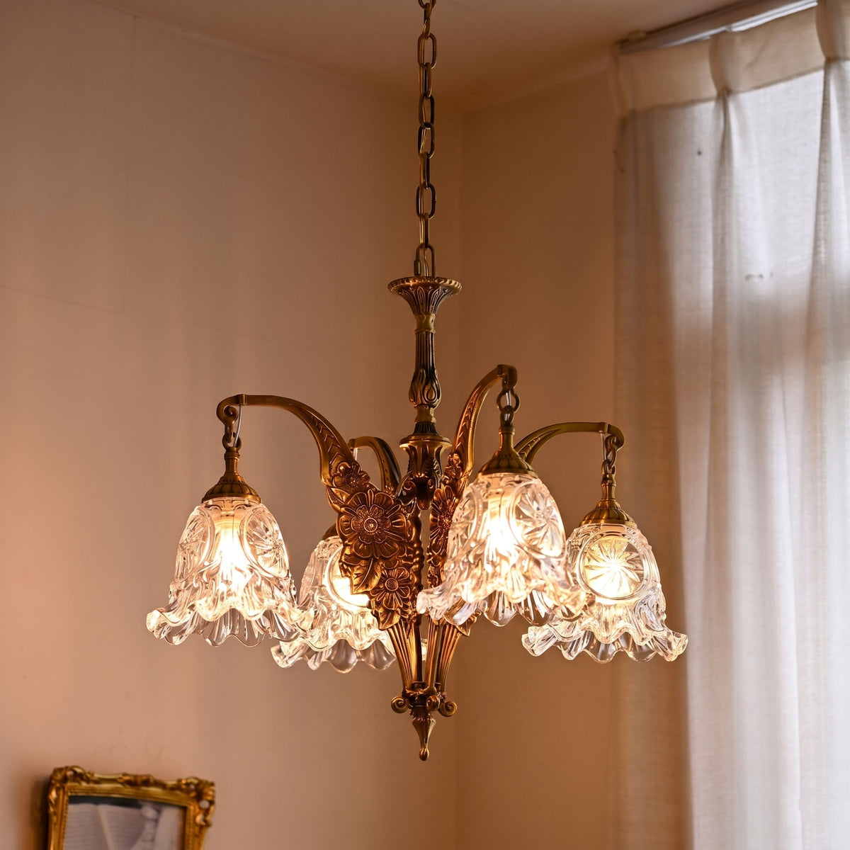 Savannah Bell Chandelier - Antique Brass & Botanical Glass Pendant Light | Bowie Light