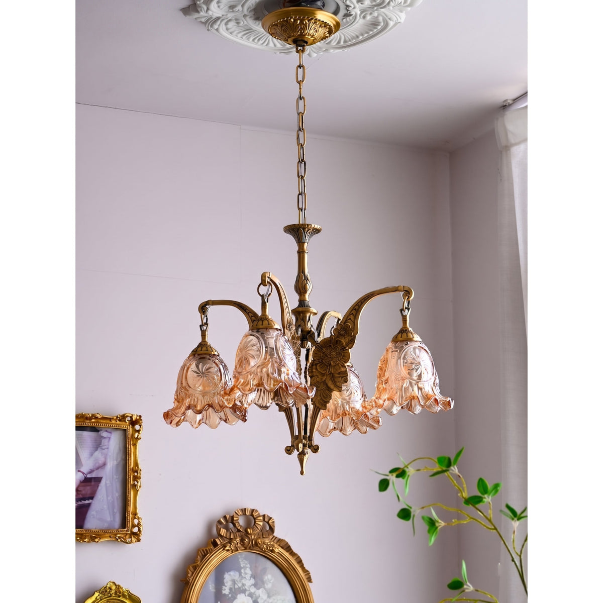 Savannah Bell Chandelier - Antique Brass & Botanical Glass Pendant Light | Bowie Light