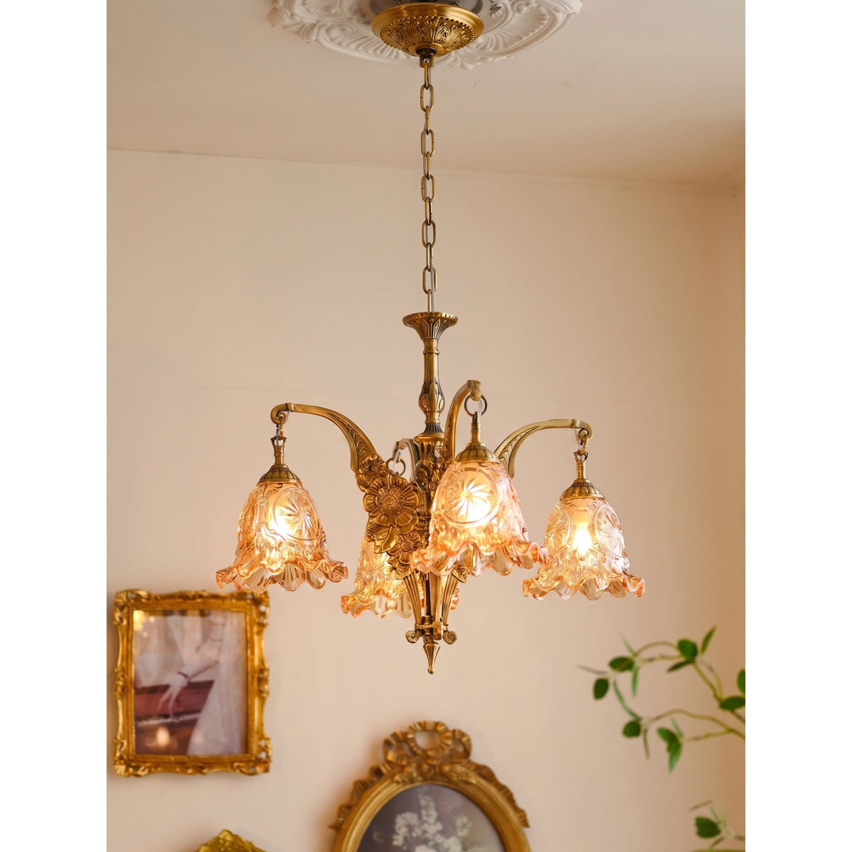 Savannah Bell Chandelier - Antique Brass & Botanical Glass Pendant Light | Bowie Light