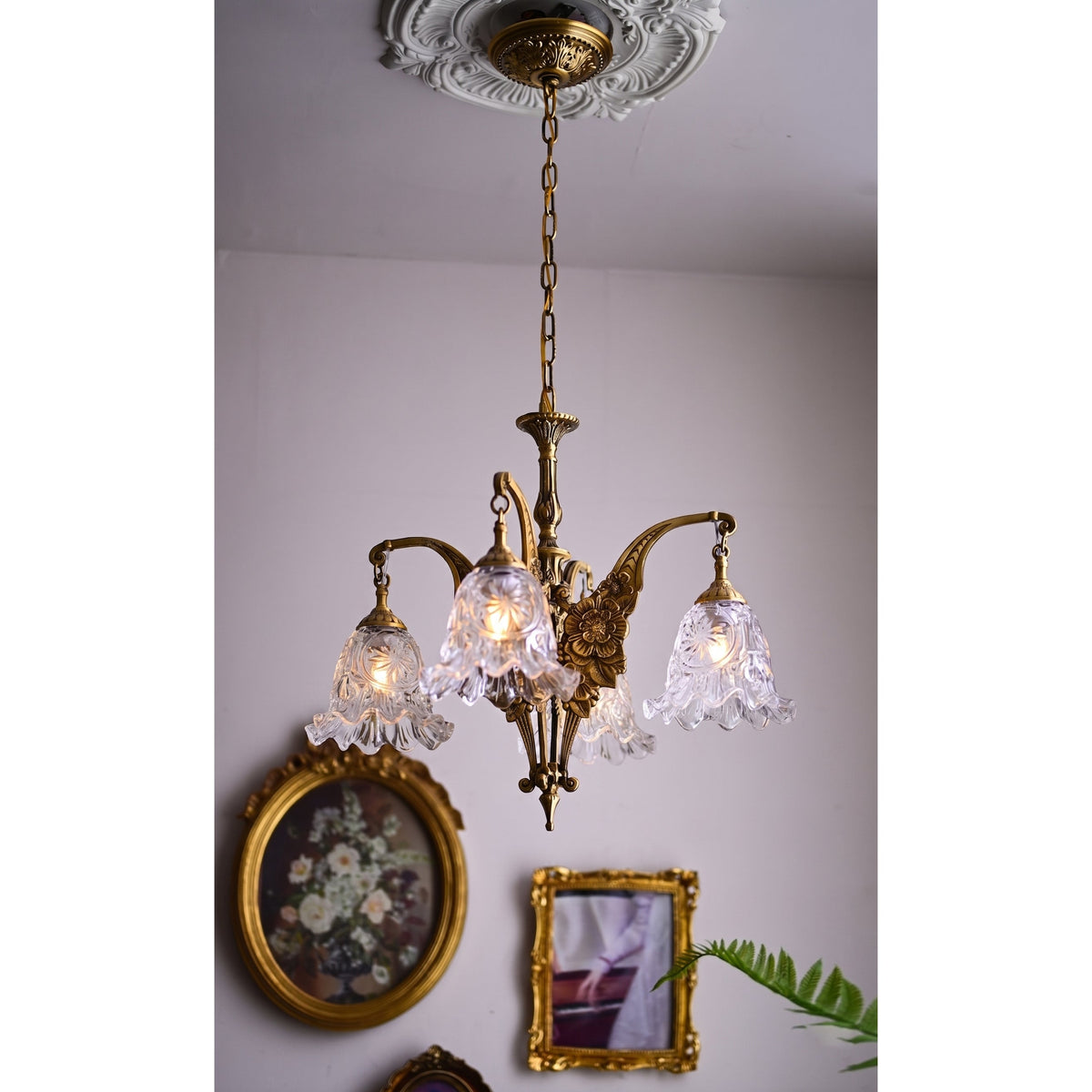 Savannah Bell Chandelier - Antique Brass & Botanical Glass Pendant Light | Bowie Light