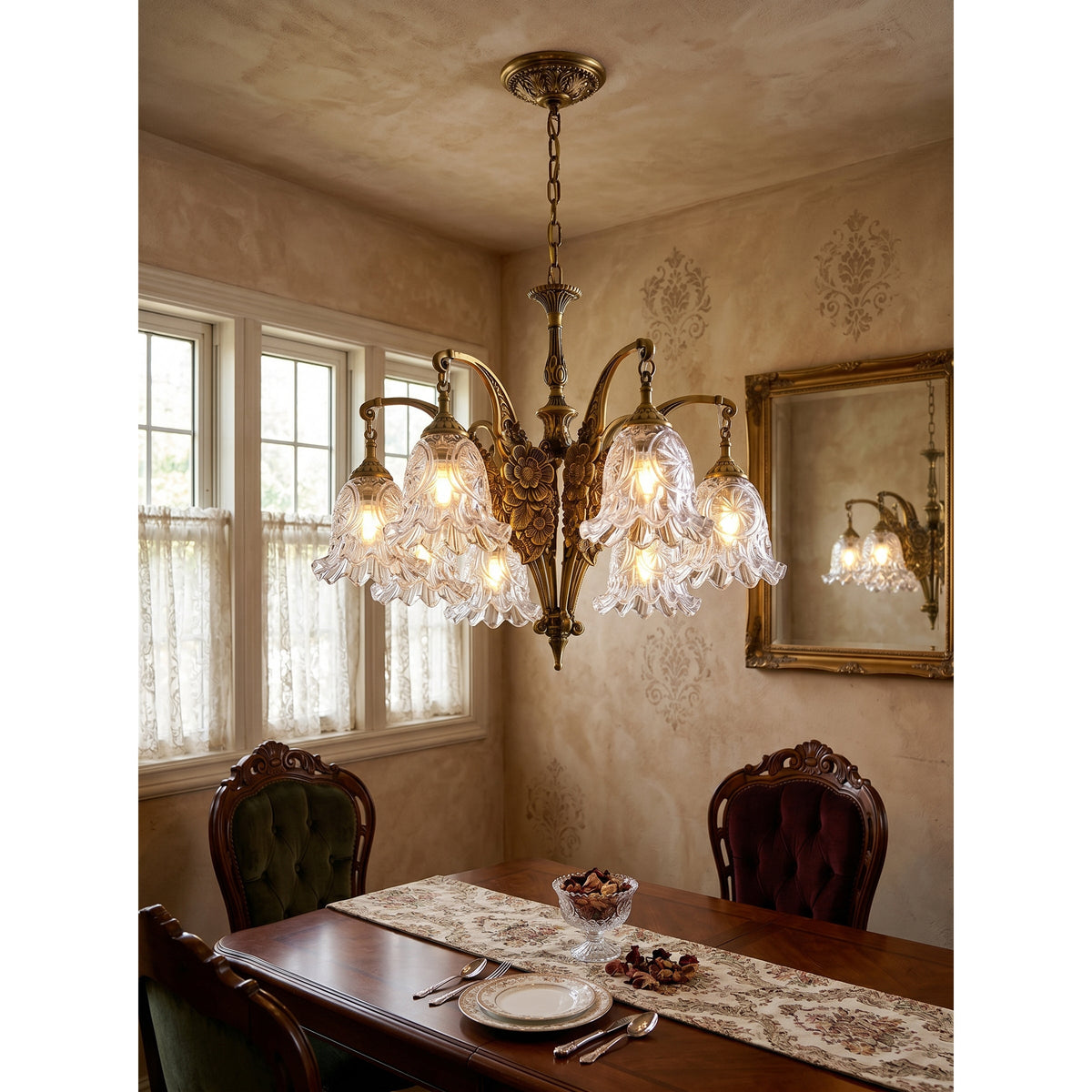 Savannah Bell Chandelier - Antique Brass & Botanical Glass Pendant Light | Bowie Light