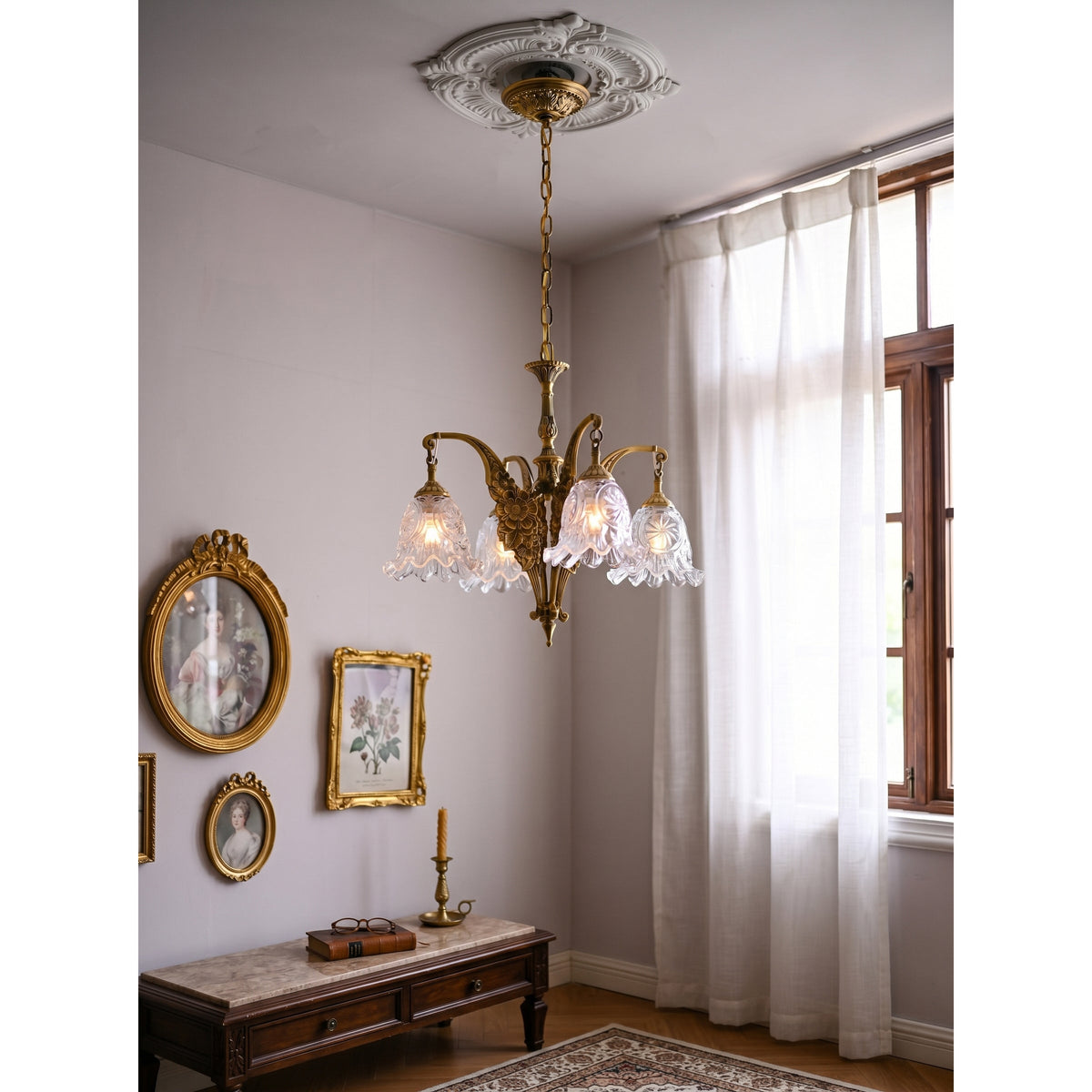 Savannah Bell Chandelier - Antique Brass & Botanical Glass Pendant Light | Bowie Light