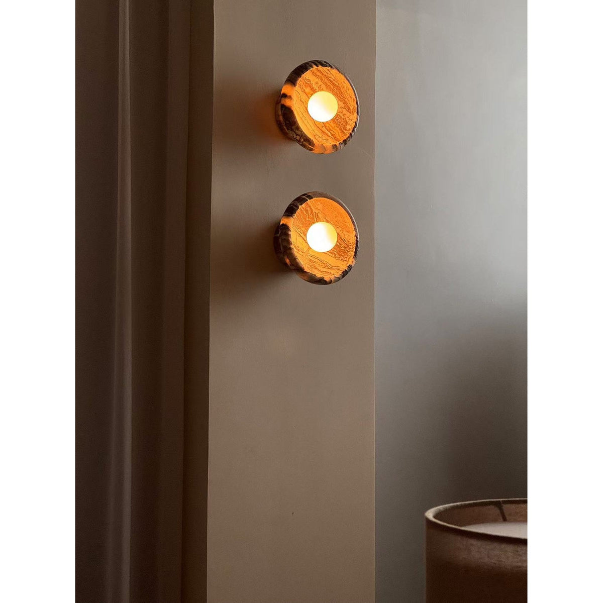 Piedra Marble Wall Lamp - Circular Stone Disc & Glass Shade Sconce