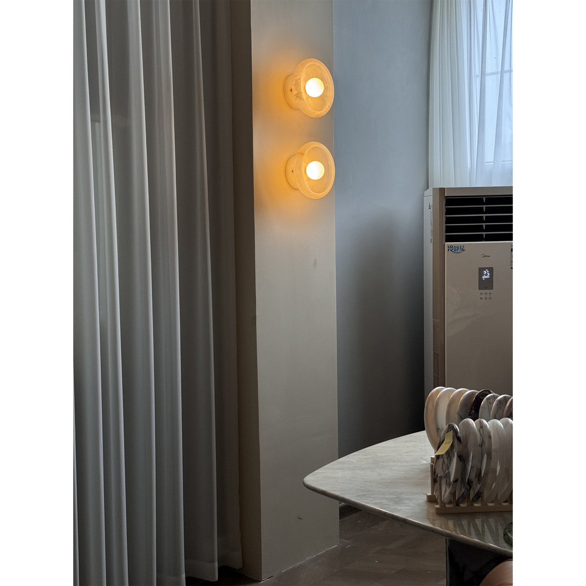 Piedra Marble Wall Lamp - Circular Stone Disc & Glass Shade Sconce