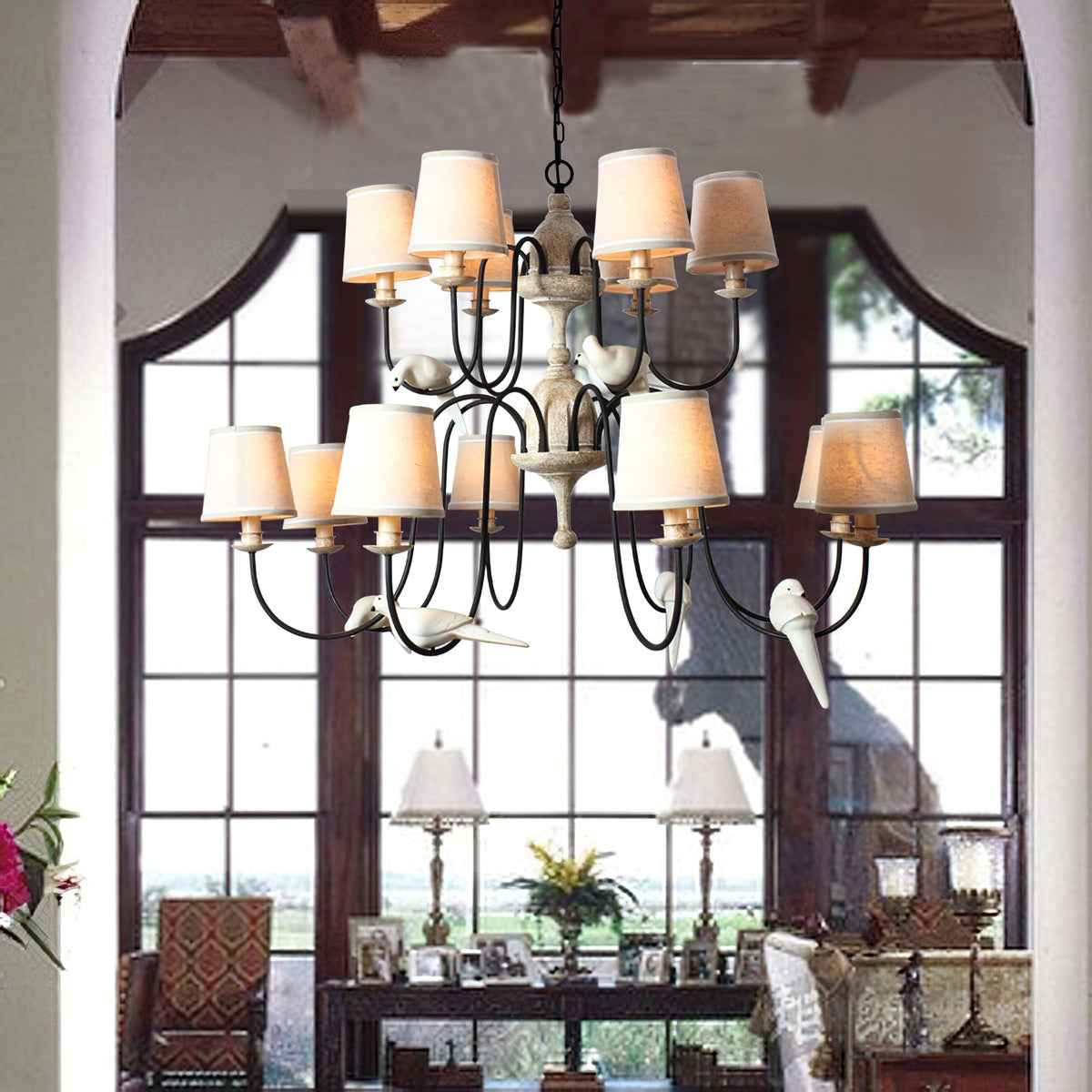Savor Chandelier - Aged Country Rustic Wood & Shaded Pendant