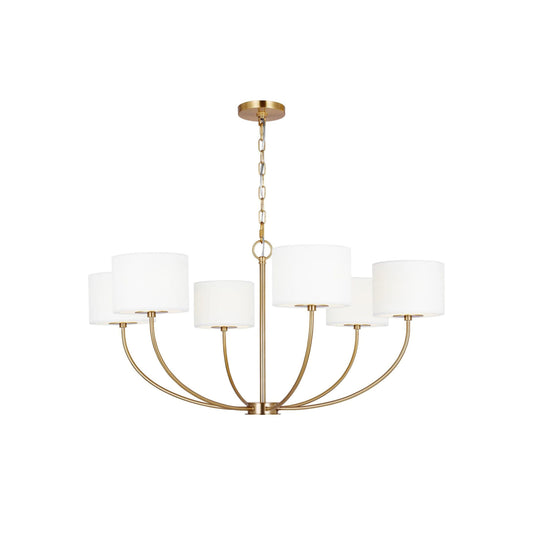 Sawyer Chandelier - Burnished Brass & White Fabric Shade Pendant Light