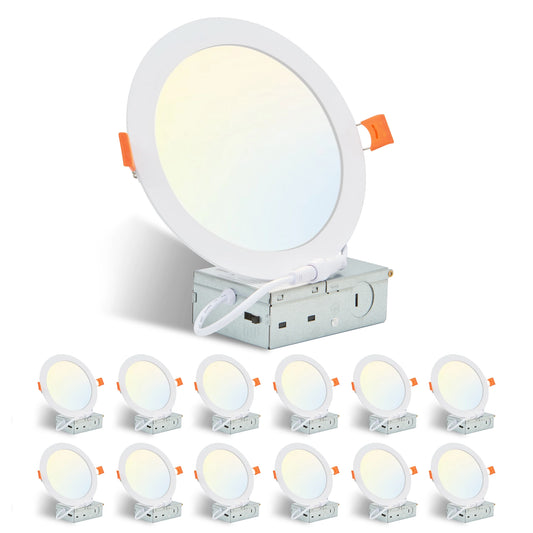 12-Pack LED Recessed Lights with Junction Box - Dimmable Slim Downlights | 3000K-5000K Selectable CCT | Energy-Efficient Ceiling Lights