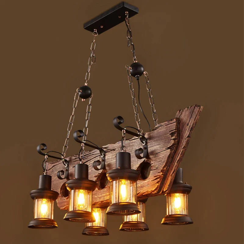 Wooden LED Chandelier - Solid Wood & Iron Industrial Rustic Dining Chandelier