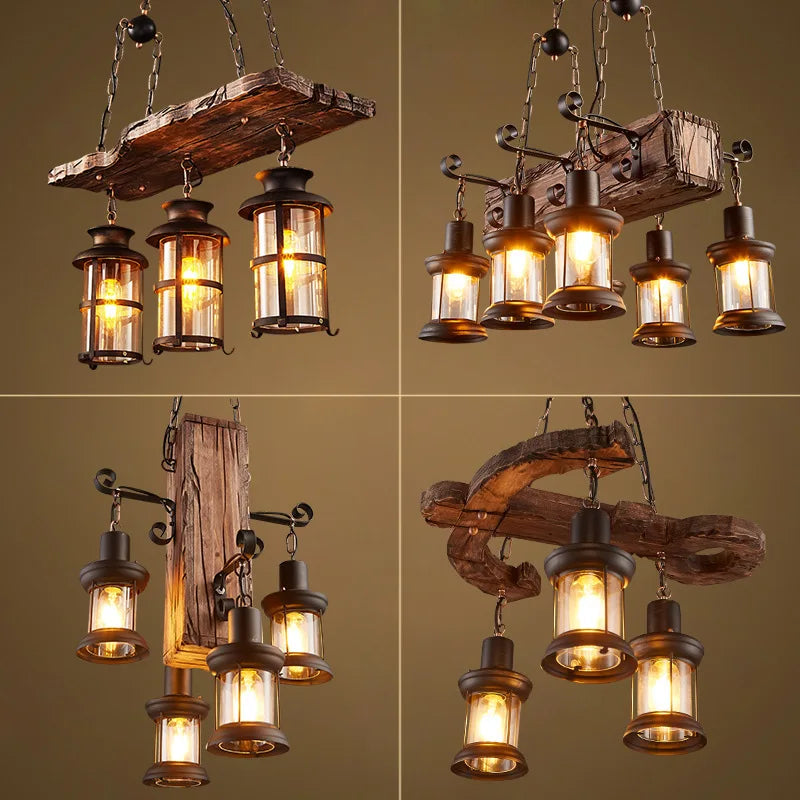 Wooden LED Chandelier - Solid Wood & Iron Industrial Rustic Dining Chandelier