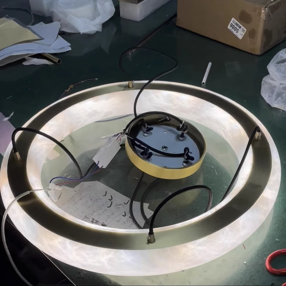 Scarlett Alabaster Chandelier - Brass & White Stone Ring Light