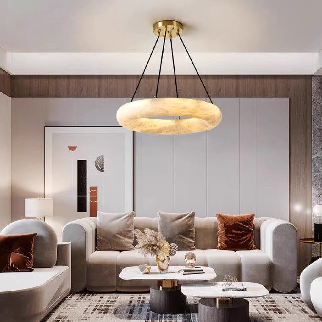Scarlett Alabaster Chandelier - Brass & White Stone Ring Light