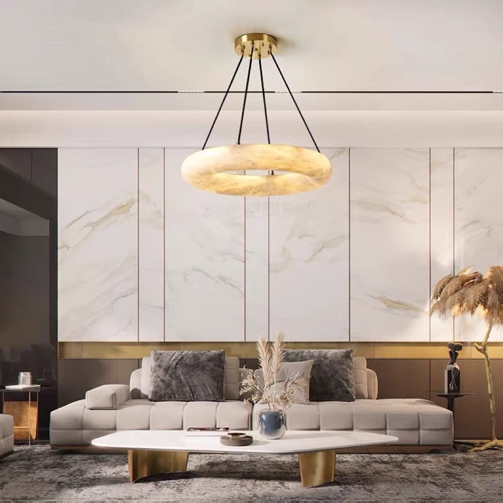 Scarlett Alabaster Chandelier - Brass & White Stone Ring Light