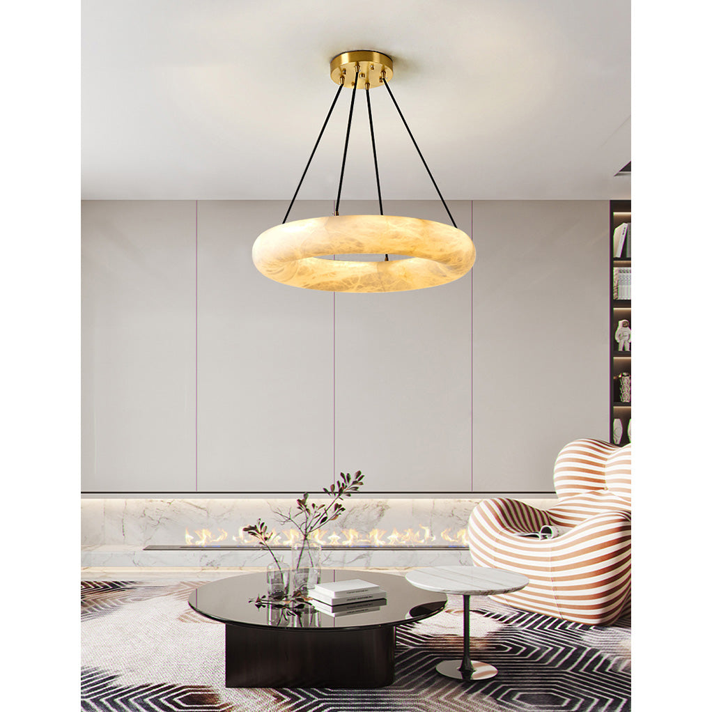 Scarlett Alabaster Chandelier - Brass & White Stone Ring Light