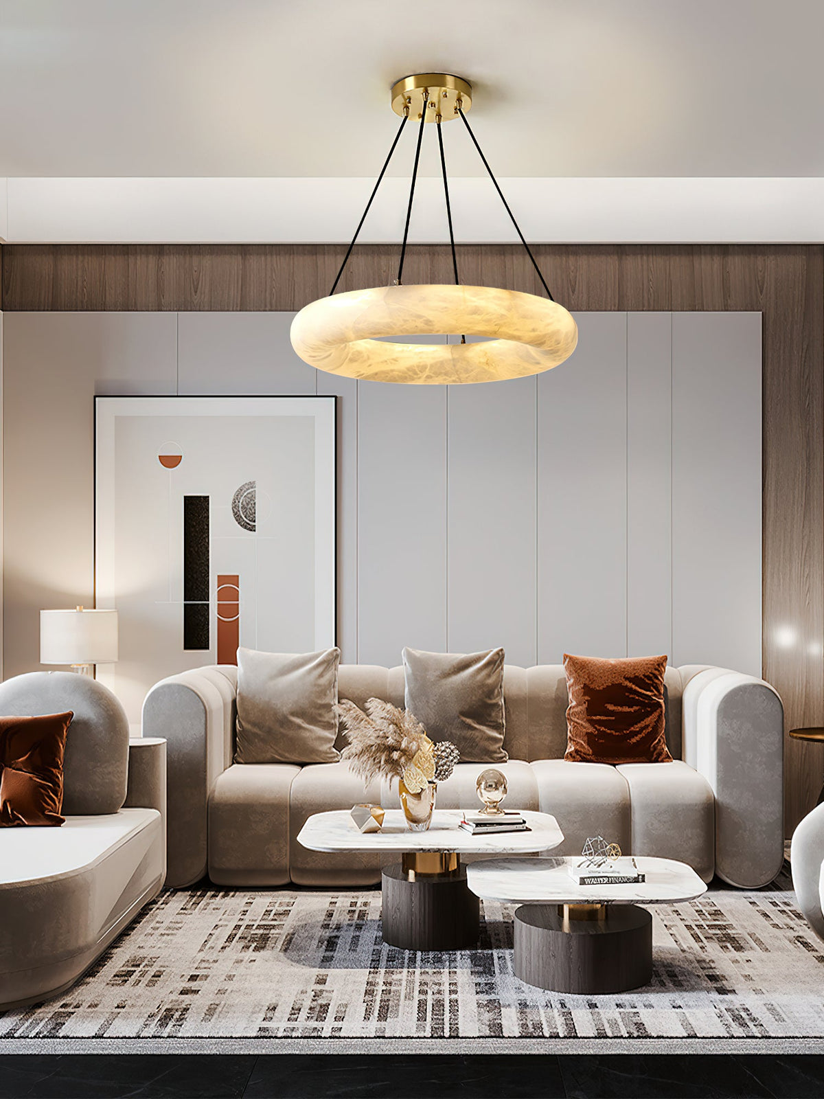 Scarlett Alabaster Chandelier - Brass & White Stone Ring Light