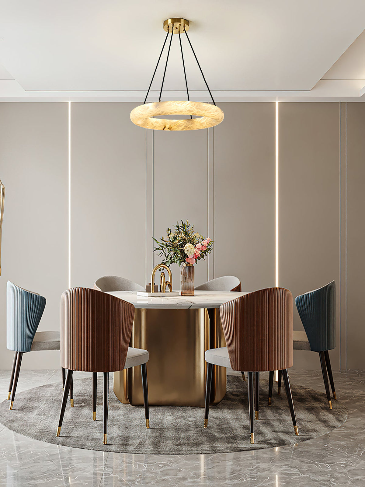Scarlett Alabaster Chandelier - Brass & White Stone Ring Light