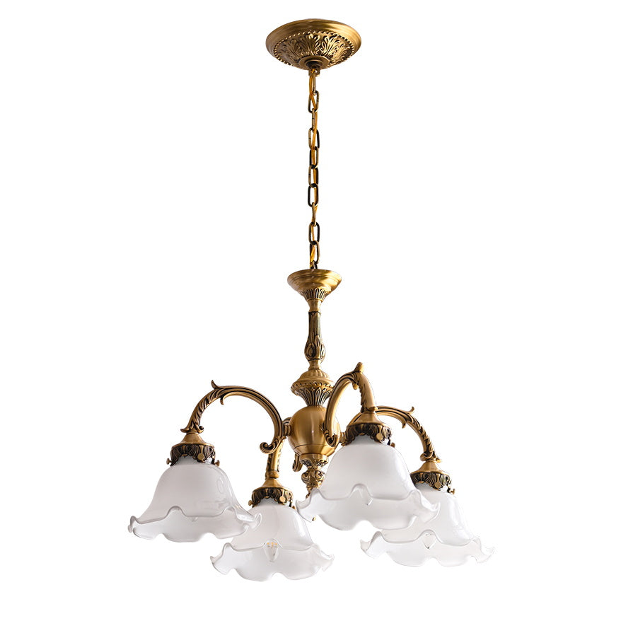 Seraphina Chandelier - Vintage Brass & Flower-Petal Glass Light | Romantic Candelabra Pendant