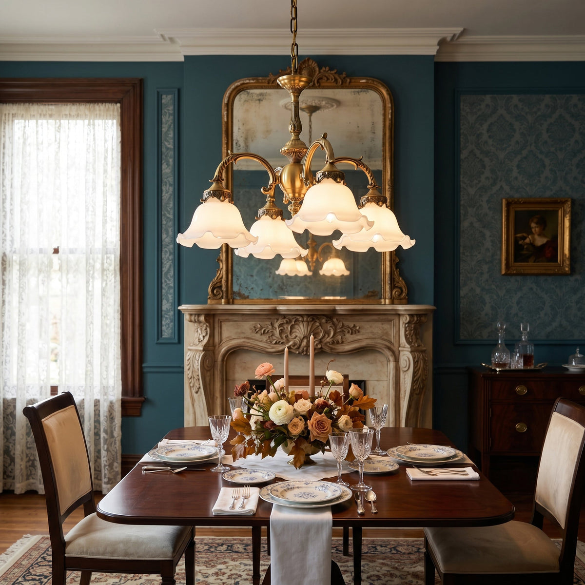 Seraphina Chandelier - Vintage Brass & Flower-Petal Glass Light | Romantic Candelabra Pendant