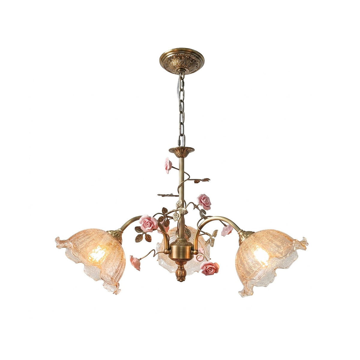 Serenade Chandelier - Antique Bronze Brass & Ceramic Flower Chandelier | Vintage Floral Glass Pendant Light