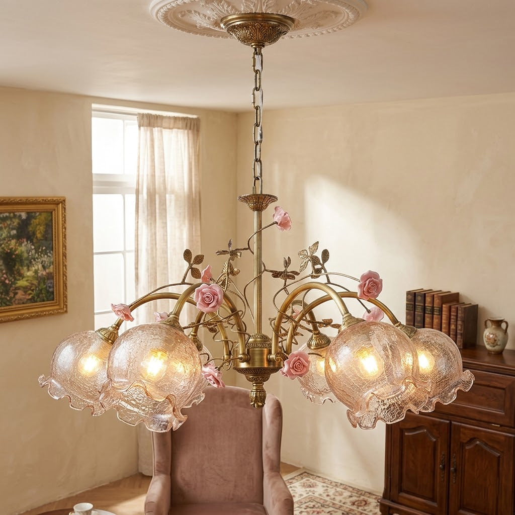 Serenade Chandelier - Antique Bronze Brass & Ceramic Flower Chandelier | Vintage Floral Glass Pendant Light