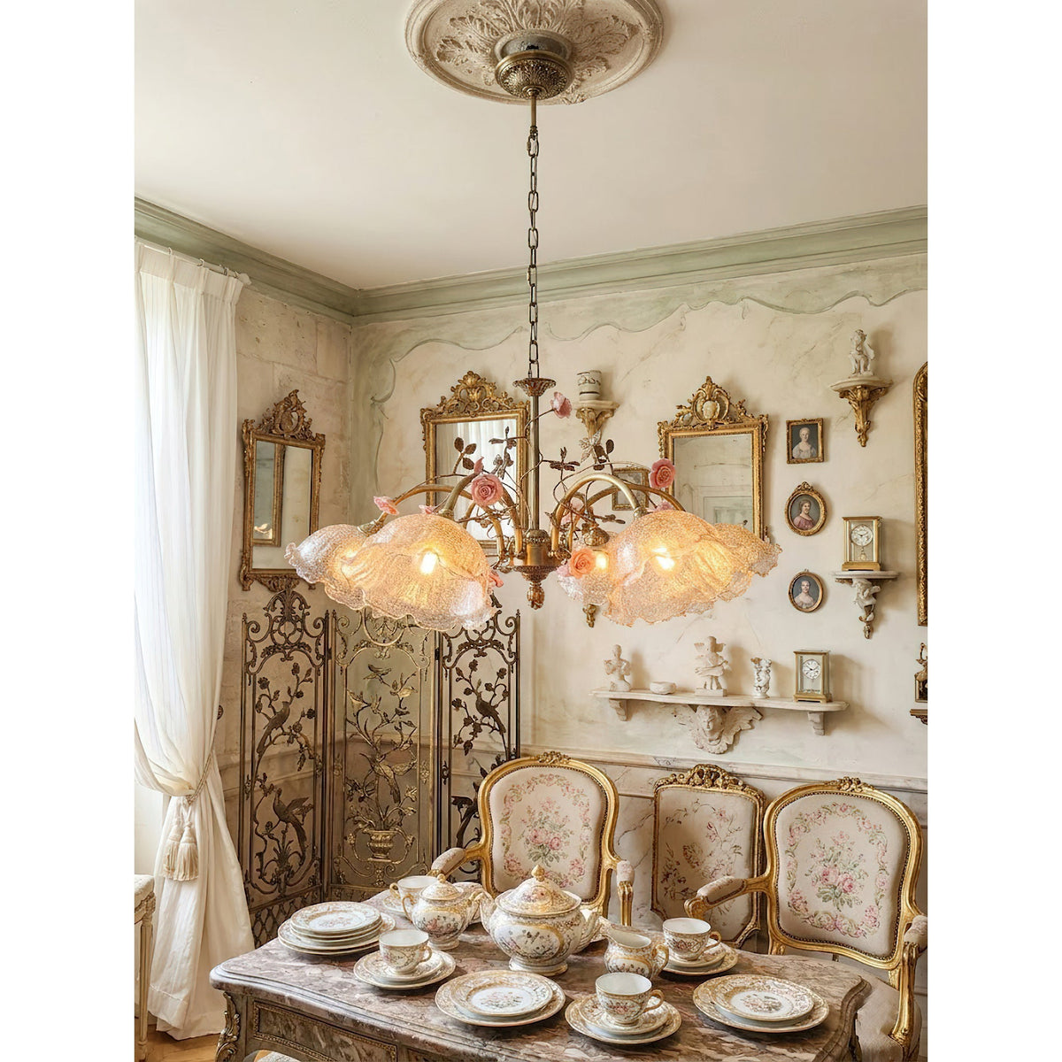 Serenade Chandelier - Antique Bronze Brass & Ceramic Flower Chandelier | Vintage Floral Glass Pendant Light