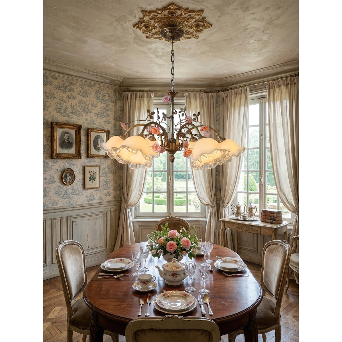 Serenade Chandelier - Antique Bronze Brass & Ceramic Flower Chandelier | Vintage Floral Glass Pendant Light
