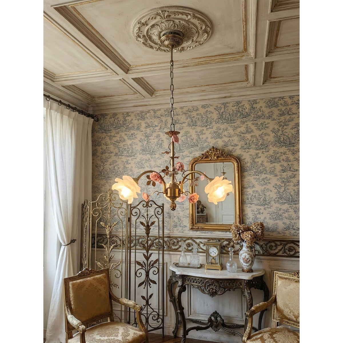 Serenade Chandelier - Antique Bronze Brass & Ceramic Flower Chandelier | Vintage Floral Glass Pendant Light