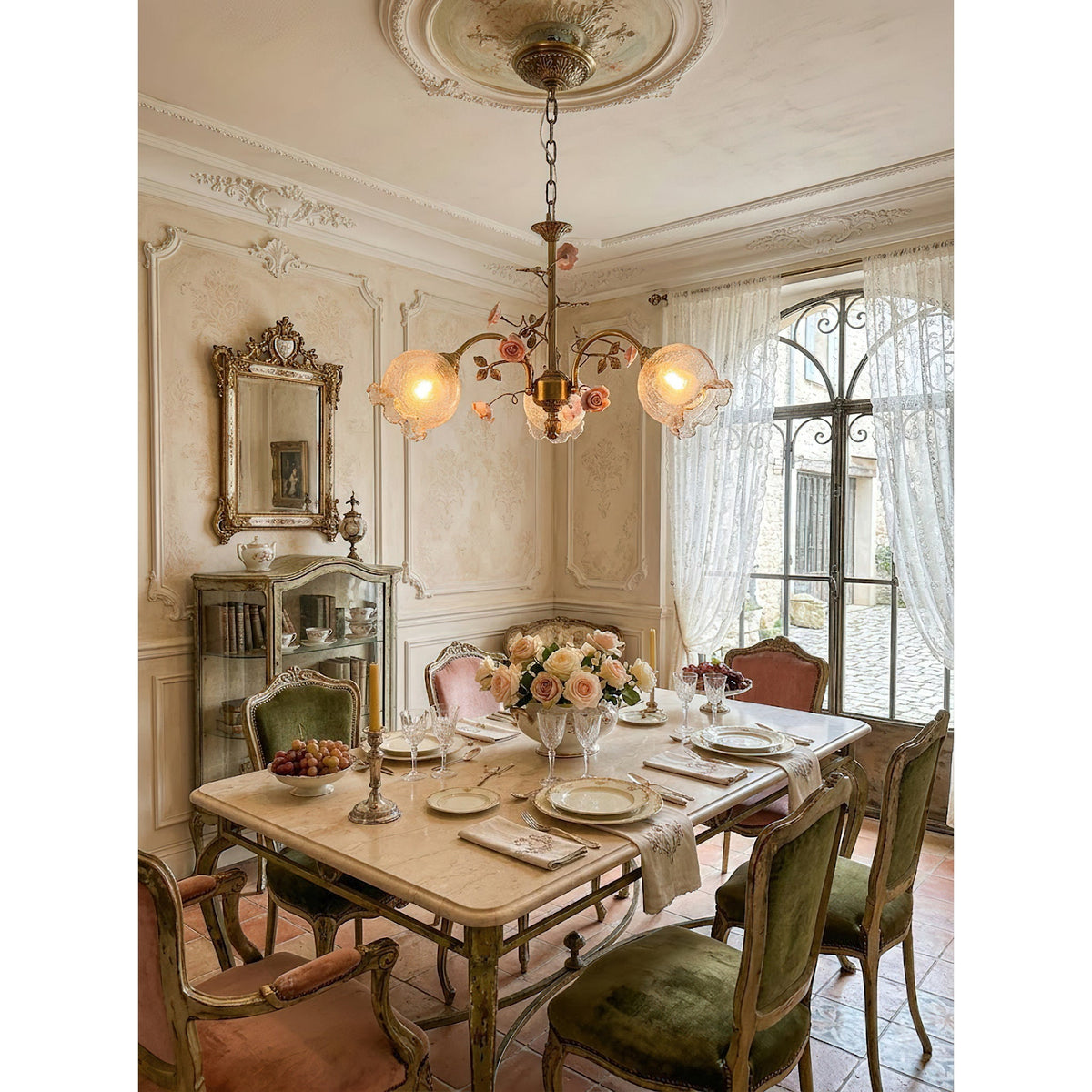 Serenade Chandelier - Antique Bronze Brass & Ceramic Flower Chandelier | Vintage Floral Glass Pendant Light