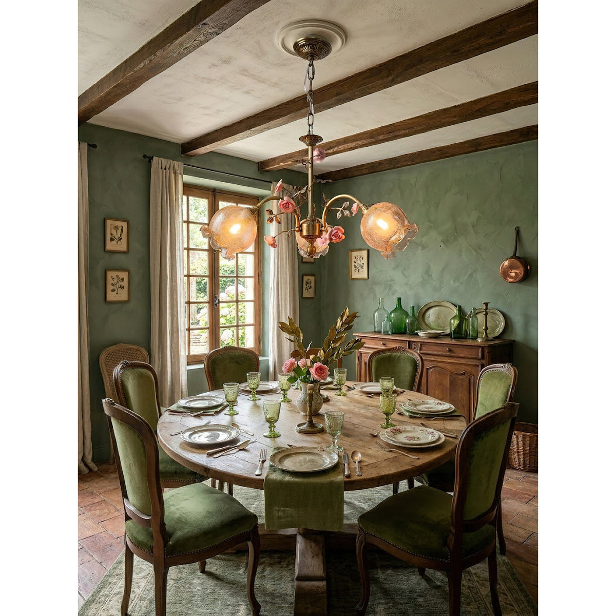 Serenade Chandelier - Antique Bronze Brass & Ceramic Flower Chandelier | Vintage Floral Glass Pendant Light