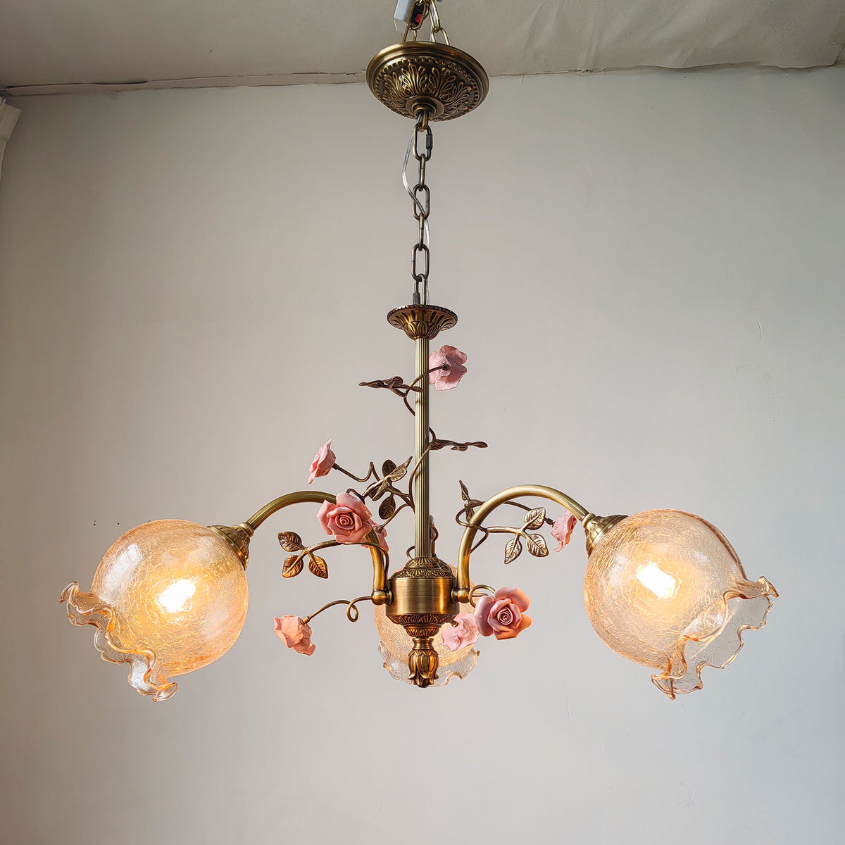 Serenade Chandelier - Antique Bronze Brass & Ceramic Flower Chandelier | Vintage Floral Glass Pendant Light