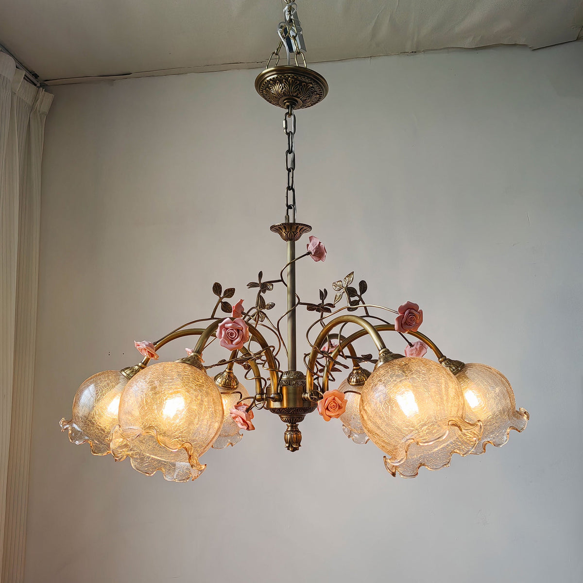 Serenade Chandelier - Antique Bronze Brass & Ceramic Flower Chandelier | Vintage Floral Glass Pendant Light