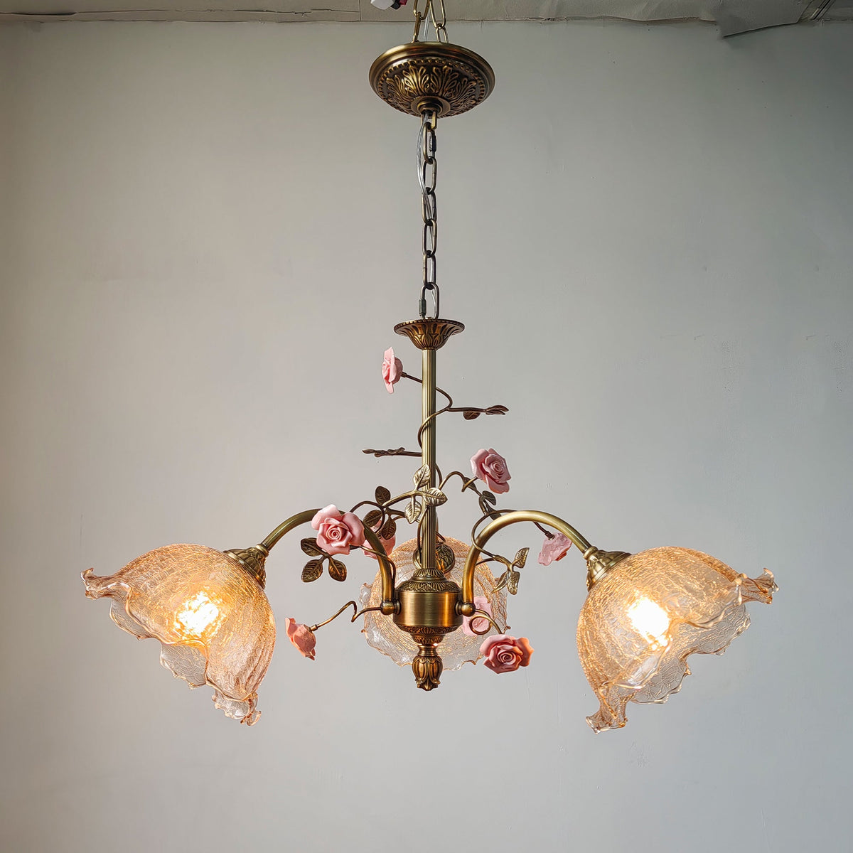 Serenade Chandelier - Antique Bronze Brass & Ceramic Flower Chandelier | Vintage Floral Glass Pendant Light