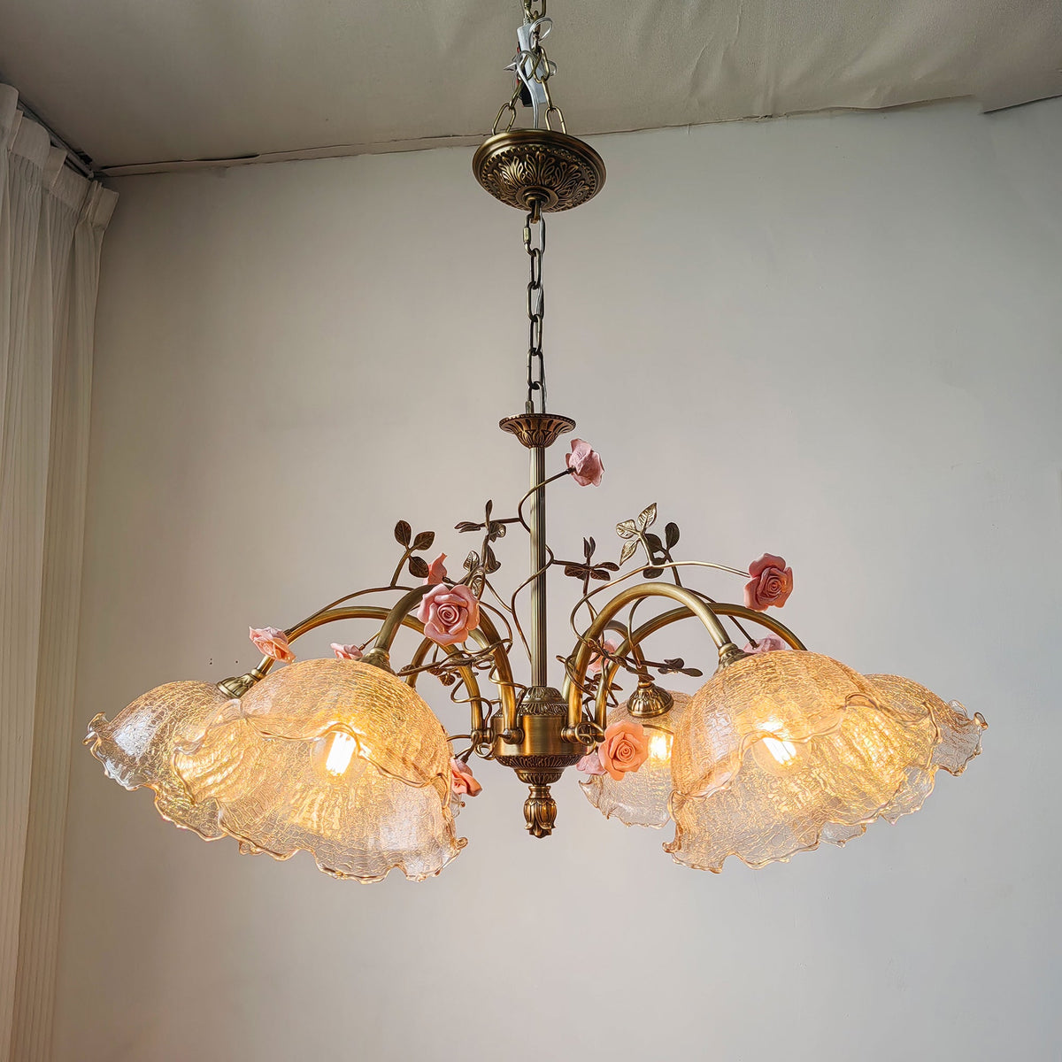 Serenade Chandelier - Antique Bronze Brass & Ceramic Flower Chandelier | Vintage Floral Glass Pendant Light